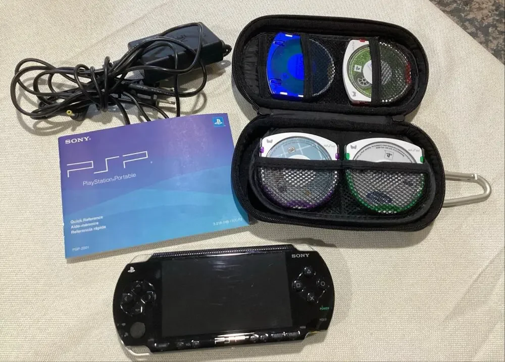 Sony PSP 2001 Black Handheld Console Bundle w/ Charger, Case, Manual & 5 Games